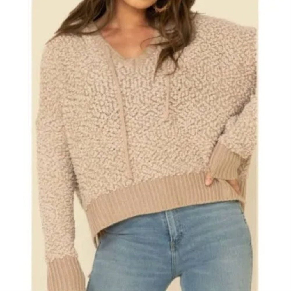 POL Clothing Popcorn Knit Hooded‎ Sweater Tan Beige V-Neck High-Low POL15 Small
